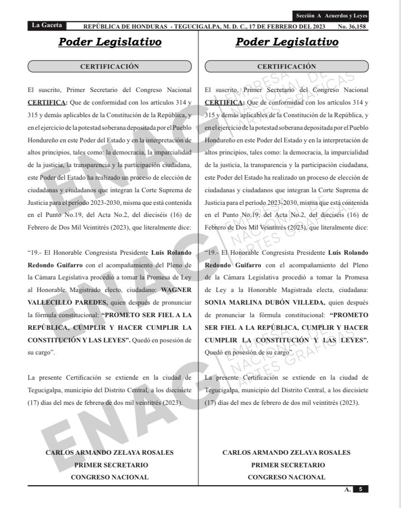 Publicado en el Diario Oficial La Gaceta el decreto que acredita a los magistrados de la Corte Suprema de Justicia para el período 2023 - 2030